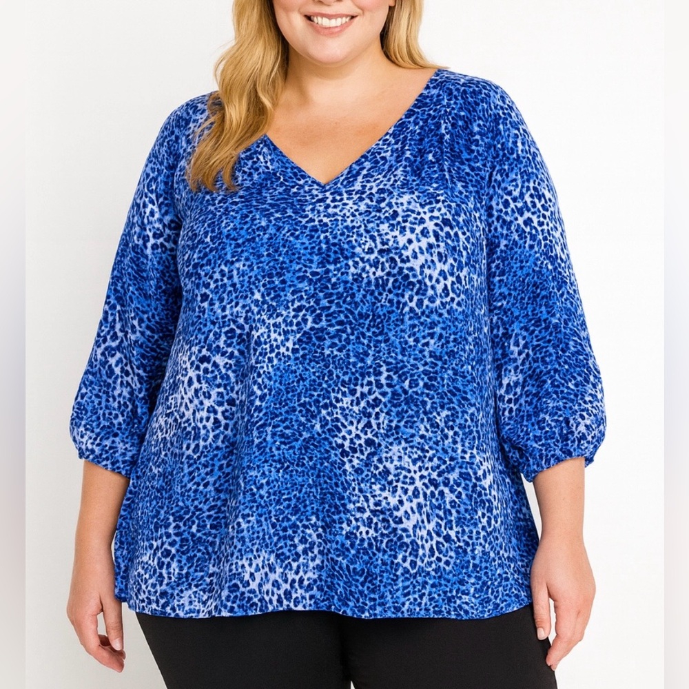 Daniel Rainn Blue Leopard Animal Print V-Neck Lightweight Blouse Top Plus 2X